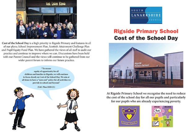 Leaflet outlining how Rigside Primary School have reduced the cost of the school day