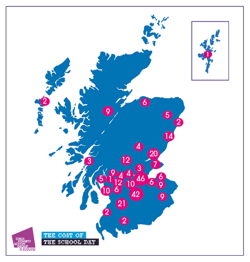 Map of schools in Scotland which have signed up to the Cost of the School Day Voice network