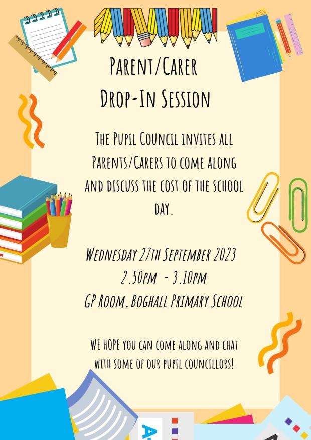Invitation to a parent/carer drop-in session to discuss the cost of the school day