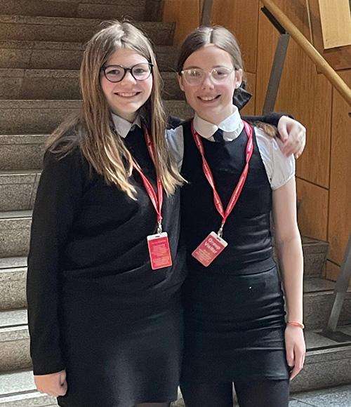 Brooke and Summer from Adrossan Academy at the Scottish Parliament