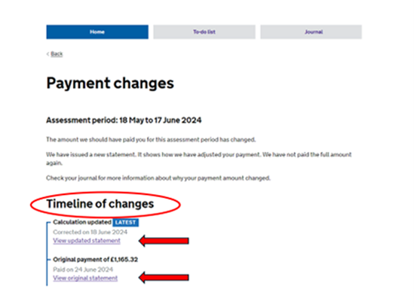 Screenshot of timeline of payment changes in UC journal