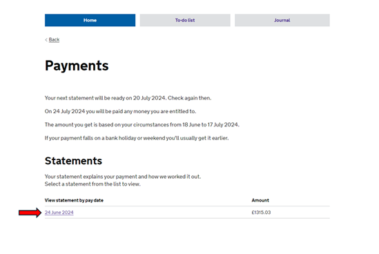 Screenshot of UC journal payments and statements