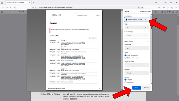 Screenshot showing how to PDF UC journal