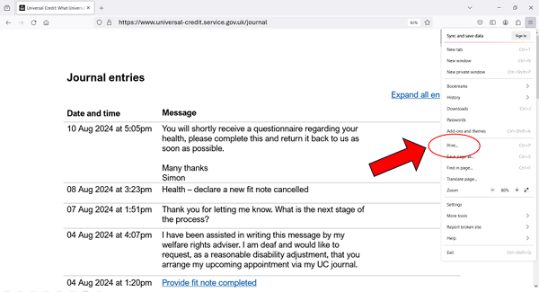 Screenshot showing how to print UC journal