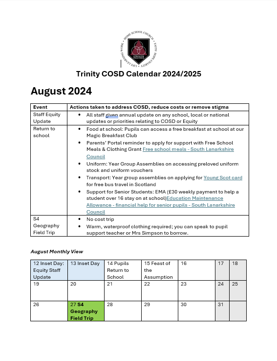 COSD front page of costs calendar from Trinity High School