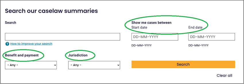 Screenshot of filters showing date range, benefit or payment and jurisdiction 