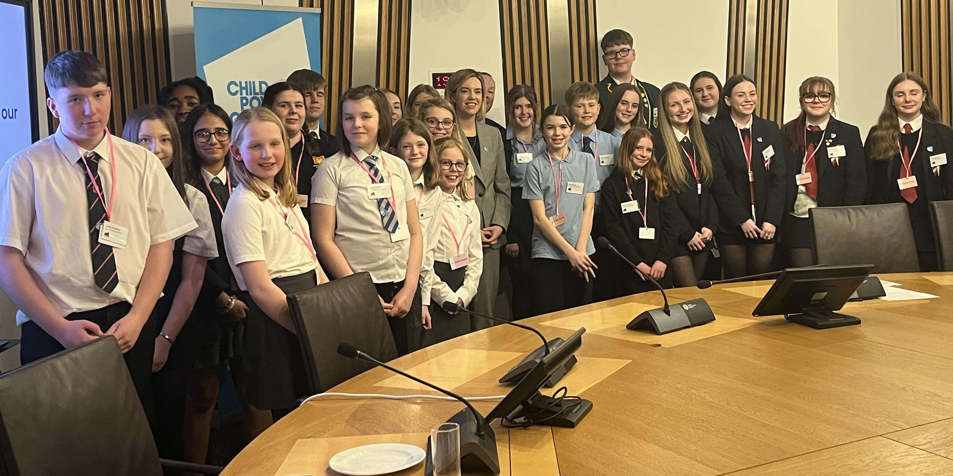 Cost of the School Day Voice network group shot at Scottish Parliament with Cabinet Secretary for Education