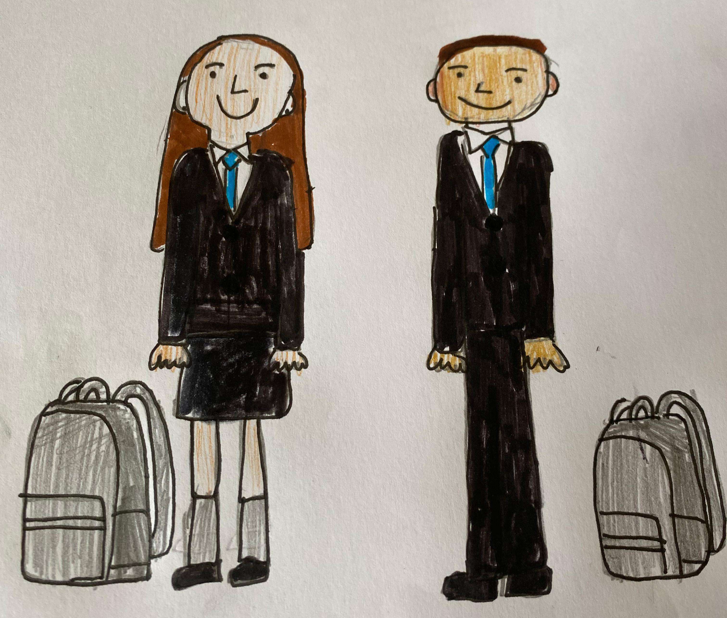 children's drawing of a girl and boy in school uniform