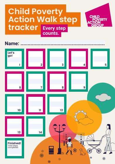 Image showing 15 days on a calendar, with text "Child Poverty Action Walk step tracker"