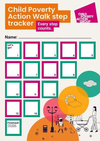 Two weeks marked out on calendar with text reading "Child Poverty Action Walk step tracker"