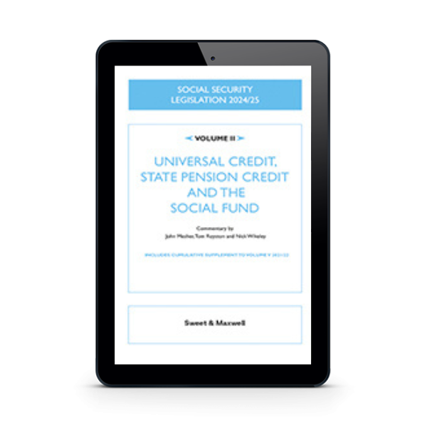Tablet showing eBook: Social Security Legislation 2024/25, Volume II: Universal Credit, State Pension Credit and The Social Fund