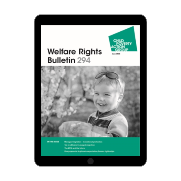 Tablet showing Welfare Rights Bulletin cover