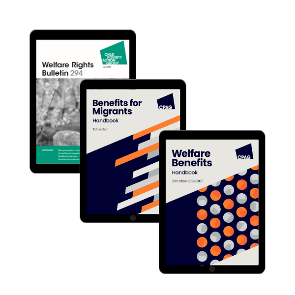 Digital front covers of Welfare Benefits Handbook, Benefits for Migrants Handbook and Welfare Rights Bulletin