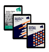 Digital front covers of Welfare Benefits Handbook, Benefits for Migrants Handbook and Welfare Rights Bulletin