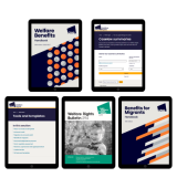 Digital front covers of Welfare Benefits Handbook, Benefits for Migrants Handbook, online tools and Welfare Rights Bulletin